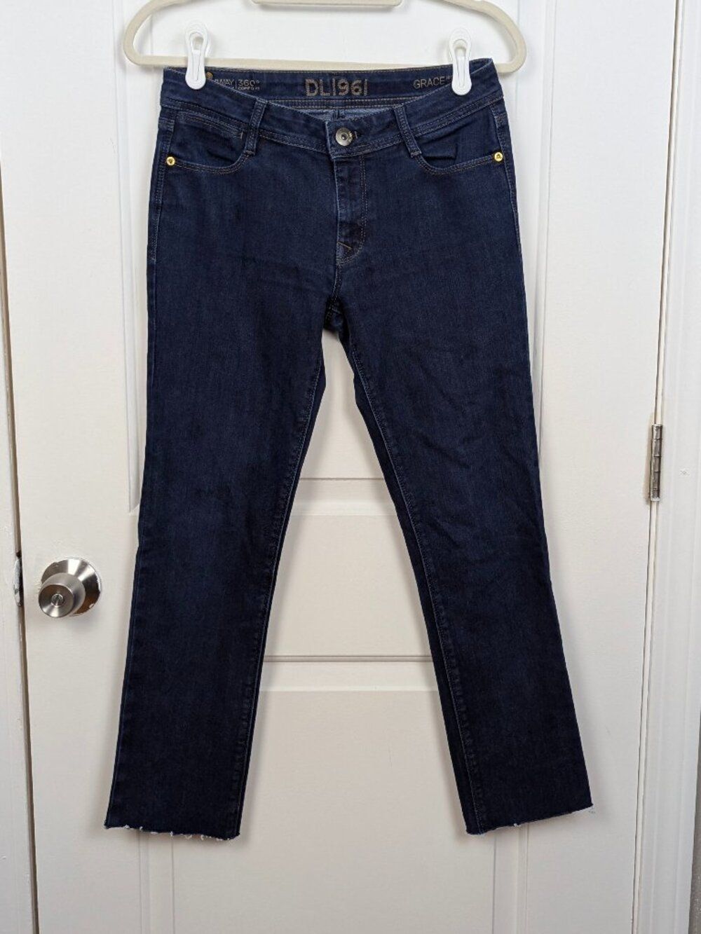 DL1961 | Grace High Rise Straight Dark Indigo Jeans Raw Hem Size 28